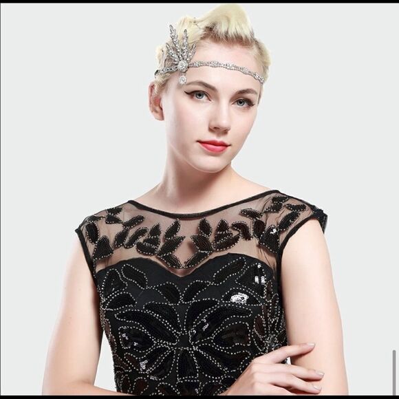 ✨ NWT Art Deco 1920’s Gatsby Flapper Crystal Rhinestone & Pink Pearl, Gold - Picture 4 of 4